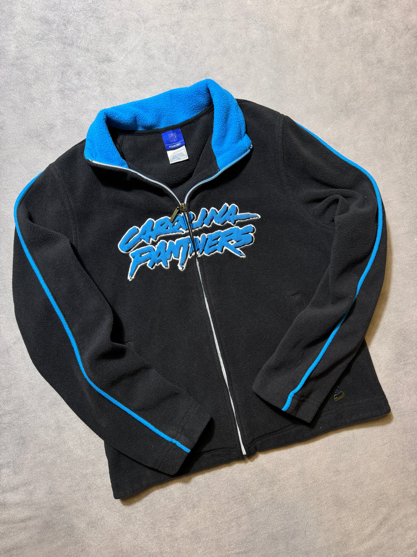 00’s Carolina Panthers Vintage Black Reebok Cat Scratch Font Embroidered Full Zip Fleece Jacket (Women’s Medium)