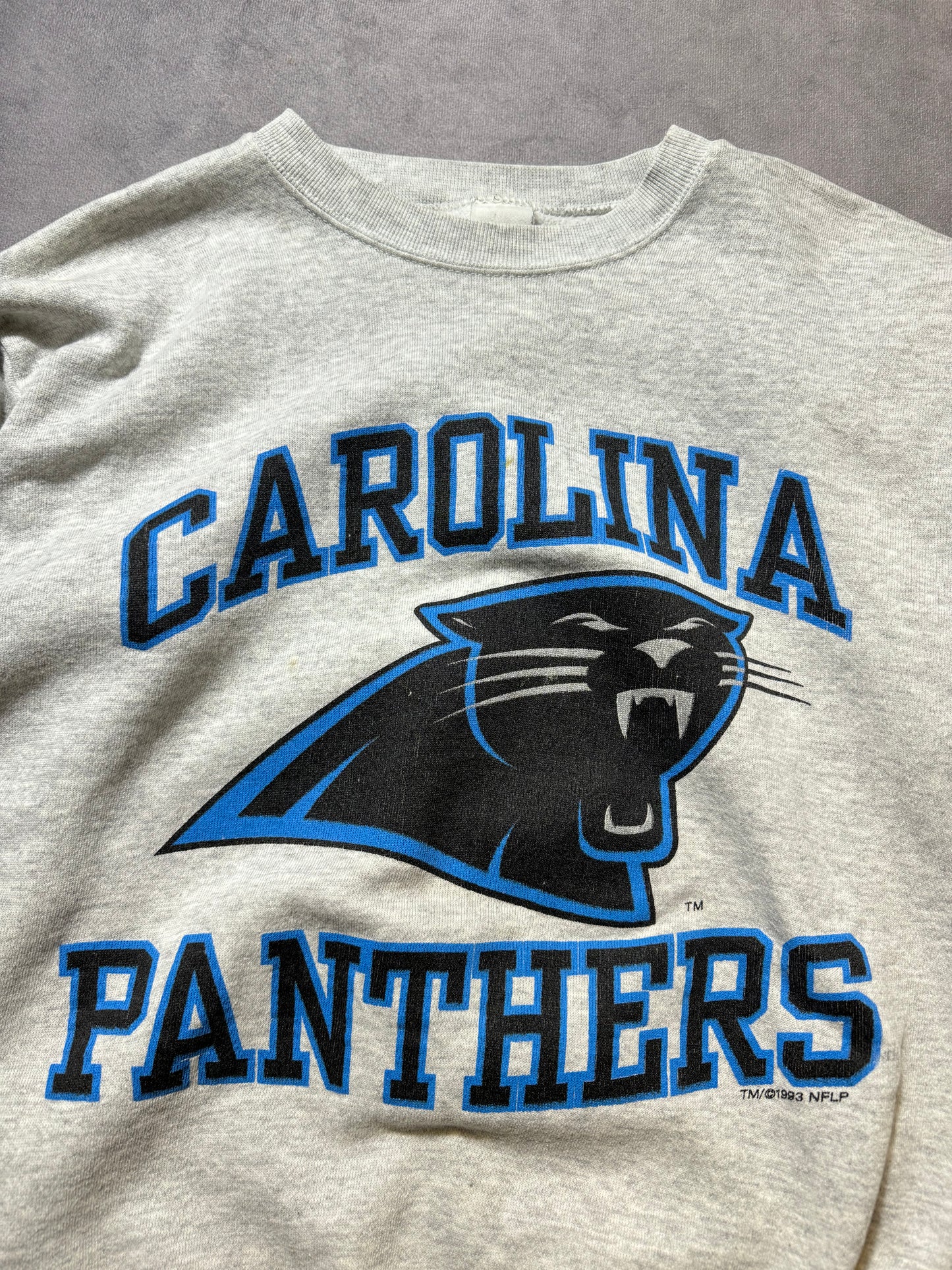 1993 Carolina Panthers Vintage Heather Grey Big Logo Franchise Announcement NFL Crewneck (Medium)