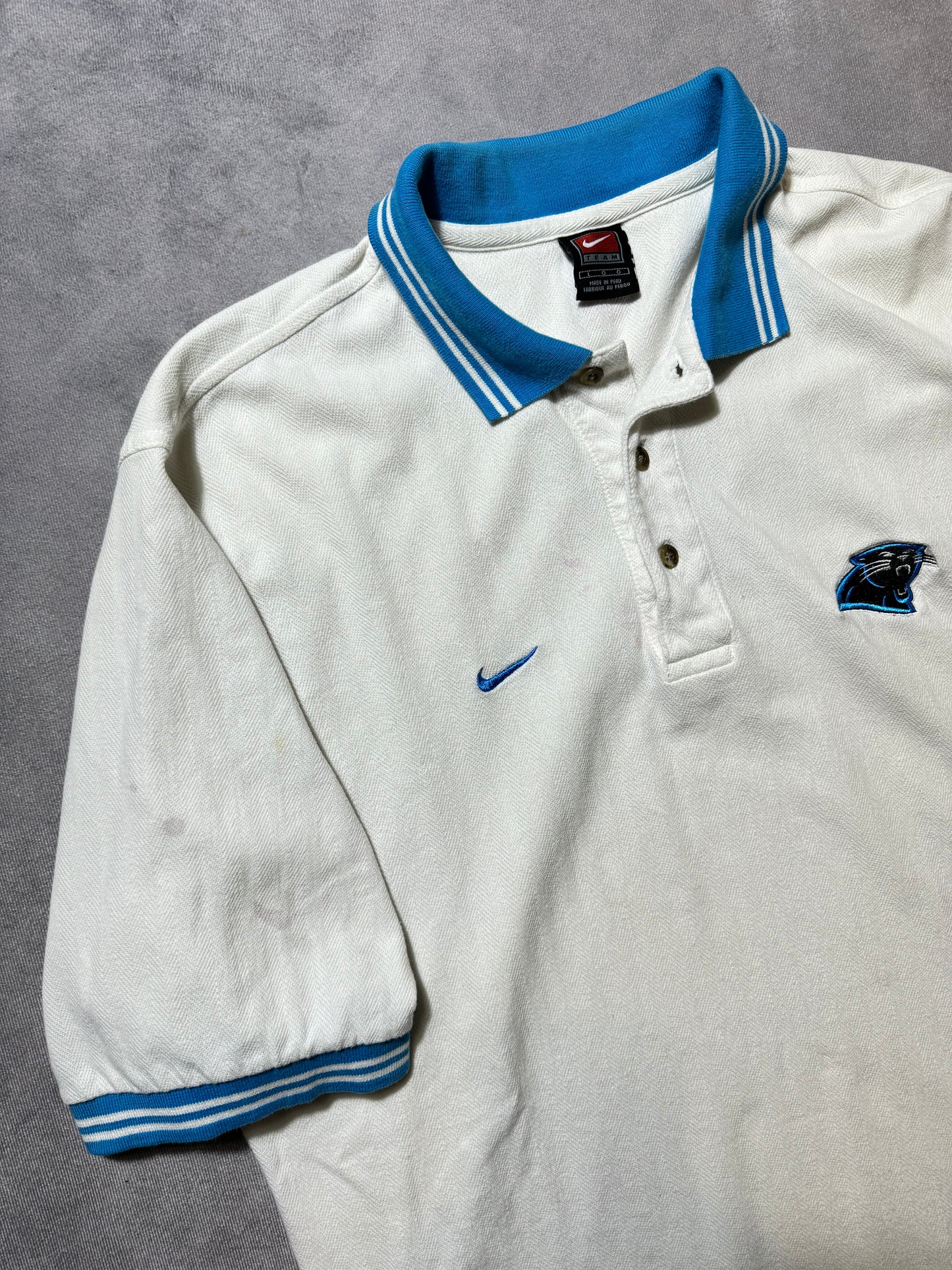 90’s Carolina Panthers Vintage White Nike Sideline Style Collared Polo NFL Shirt (Large)