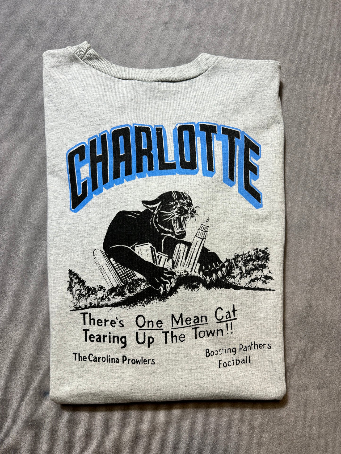 90’s Carolina Panthers Vintage Charlotte Skyline Realistic Cat Illustration Carolina Prowlers Booster Club NFL Tee (XL)