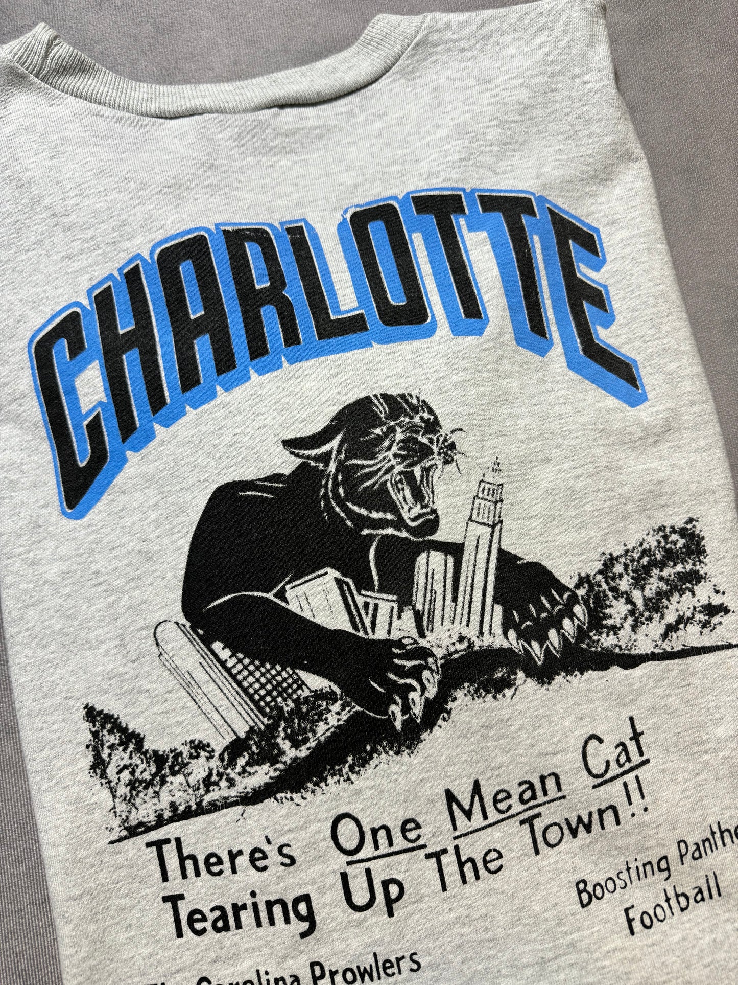 90’s Carolina Panthers Vintage Charlotte Skyline Realistic Cat Illustration Carolina Prowlers Booster Club NFL Tee (XL)