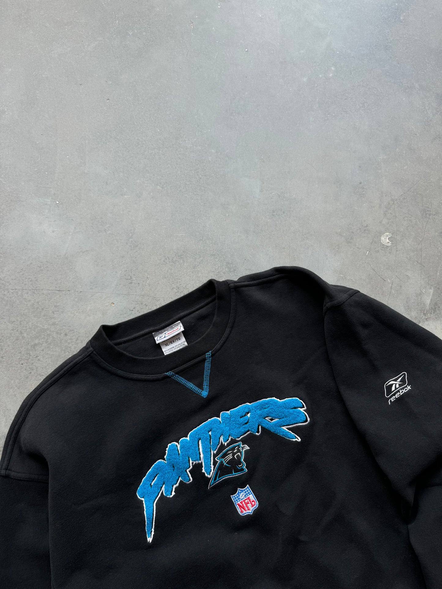 00’s Carolina Panthers Vintage Reebok Heavyweight Cat Scratch Font Chenille Embroidered NFL Crewneck (XL)