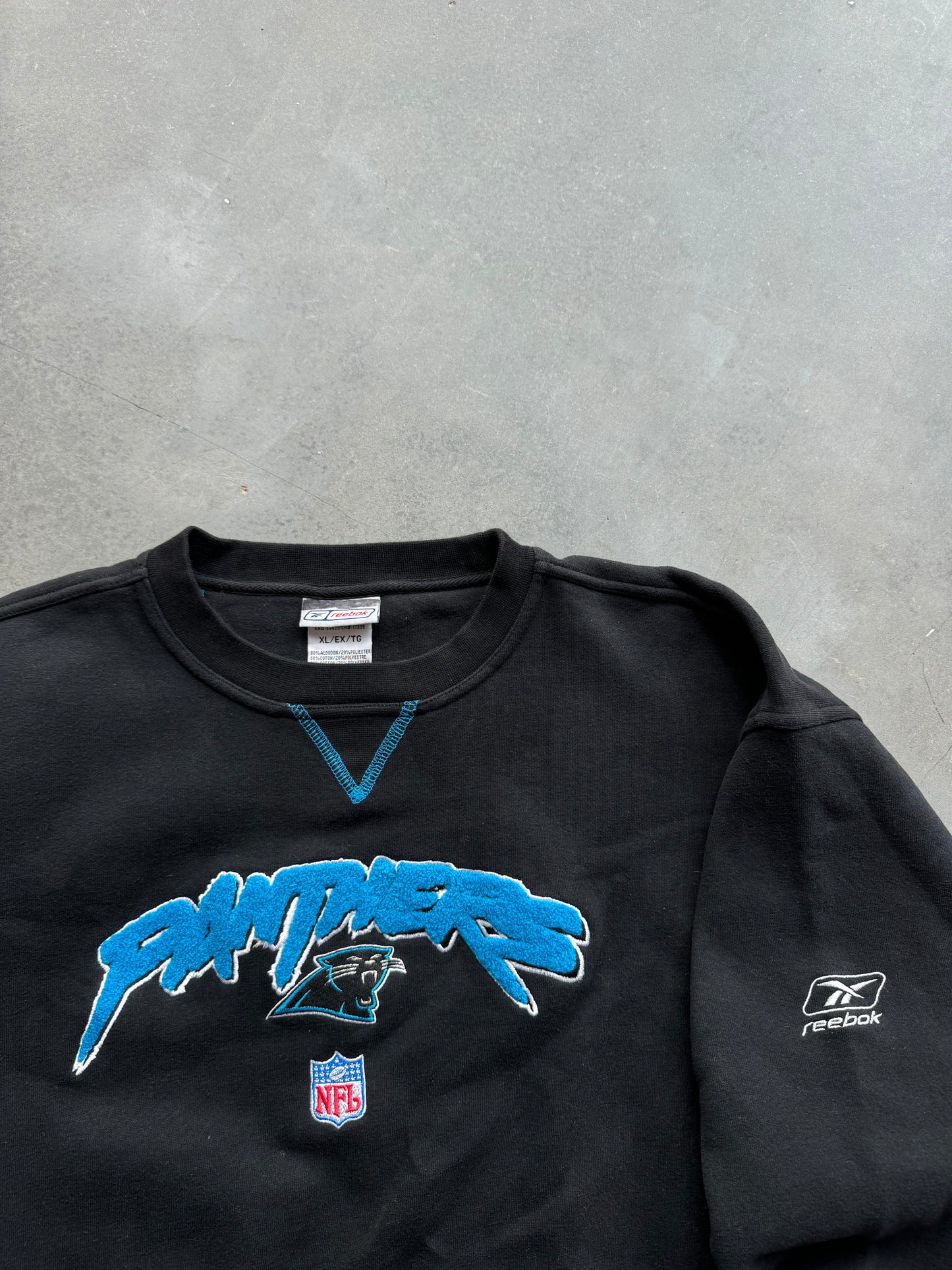 00’s Carolina Panthers Vintage Reebok Heavyweight Cat Scratch Font Chenille Embroidered NFL Crewneck (XL)