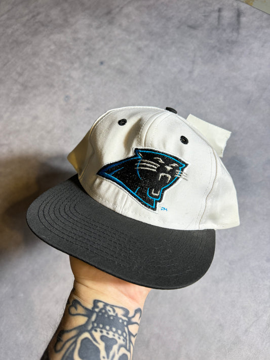 90’s Carolina Panthers Vintage White Logo 7 Embroidered Plain Logo Two Tone NFL Snapback Hat - Deadstock (OSFA)