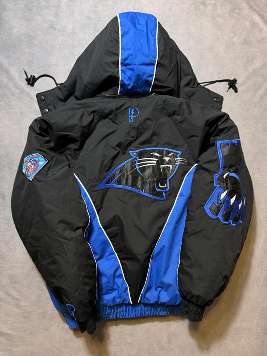1994 Carolina Panthers Vintage Pro Player Big Claw Logo 75th Season Diamond Patch Printed Liner NFL Puffer Jacket (Small)