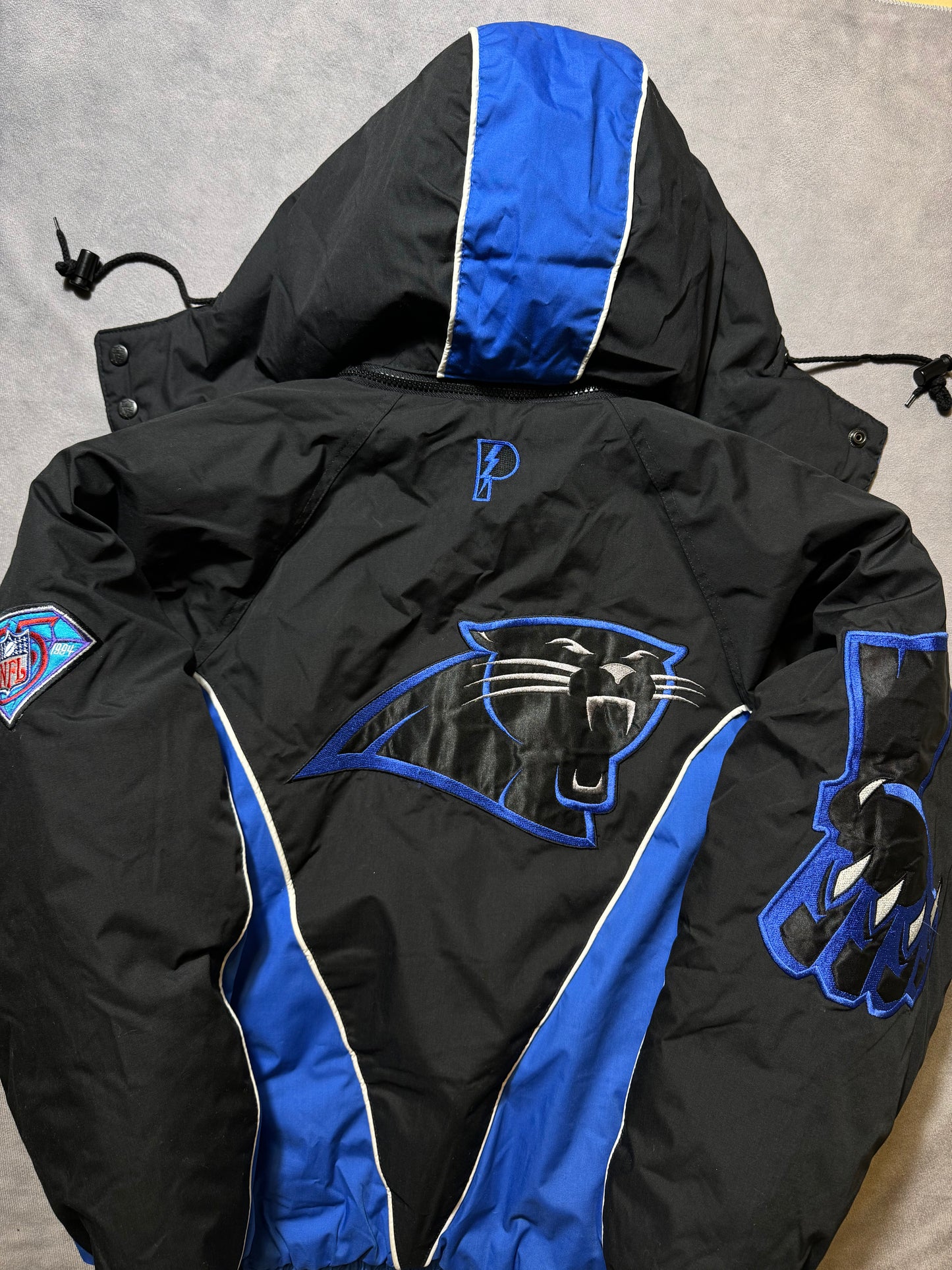 1994 Carolina Panthers Vintage Pro Player Big Claw Logo 75th Season Diamond Patch Printed Liner NFL Puffer Jacket (Small)