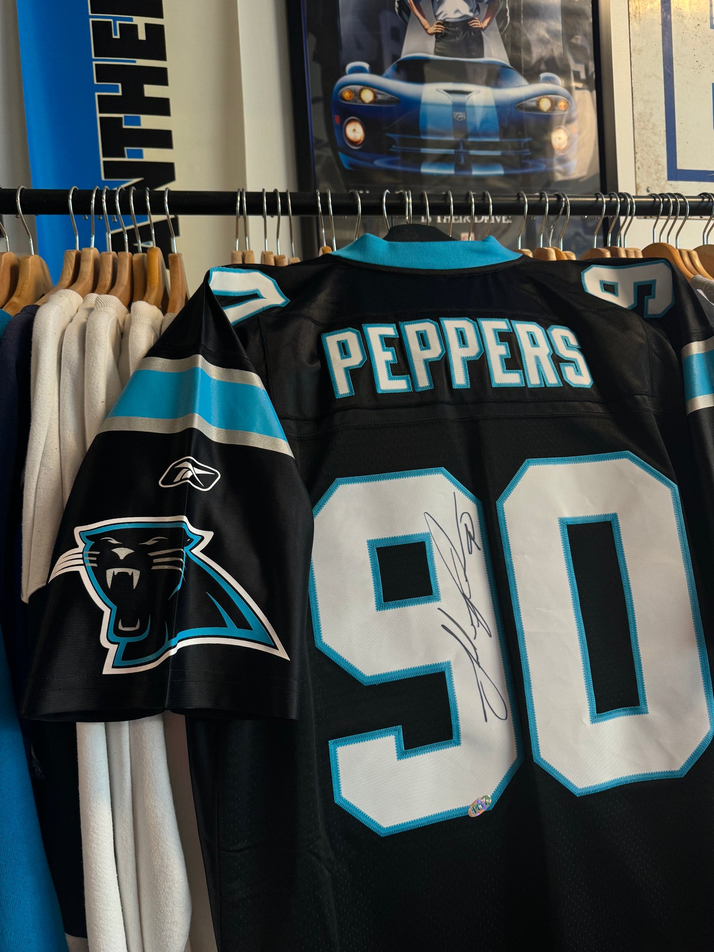 00’s Carolina Panthers Julius Peppers Vintage Black Reebok Stitched Swingman NFL Jersey - Deadstock & Signed (XXL)