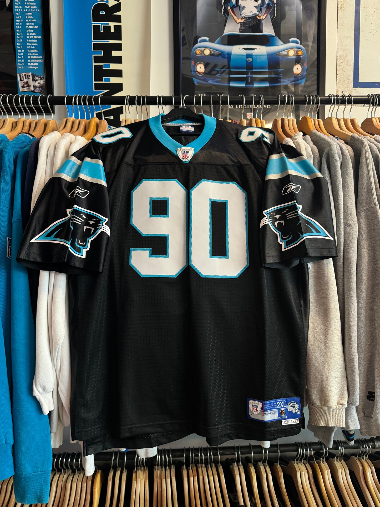 00’s Carolina Panthers Julius Peppers Vintage Black Reebok Stitched Swingman NFL Jersey - Deadstock & Signed (XXL)