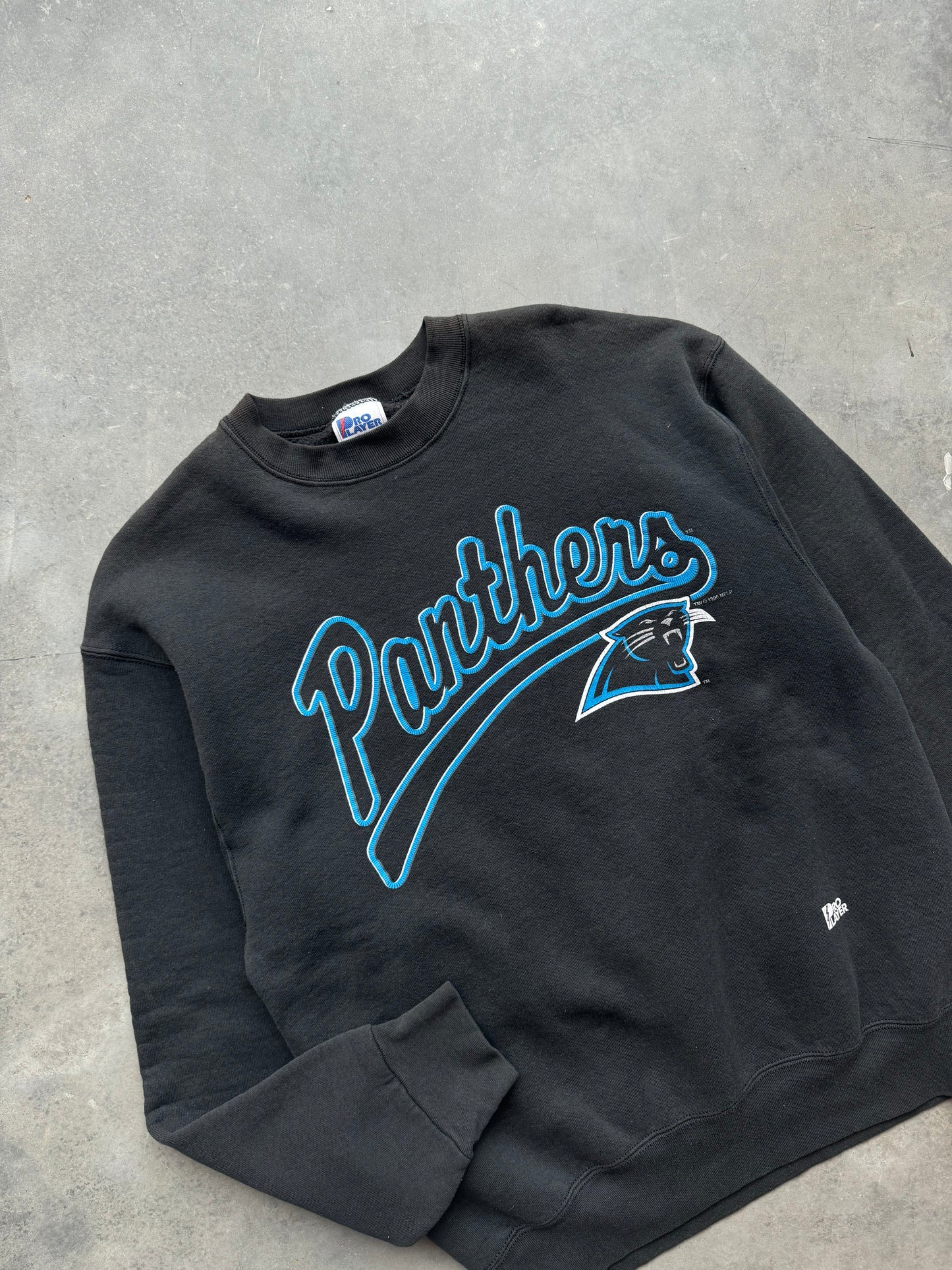 1996 Carolina Panthers Vintage Pro Player Script Spellout Heavyweight NFL Crewneck (Medium)