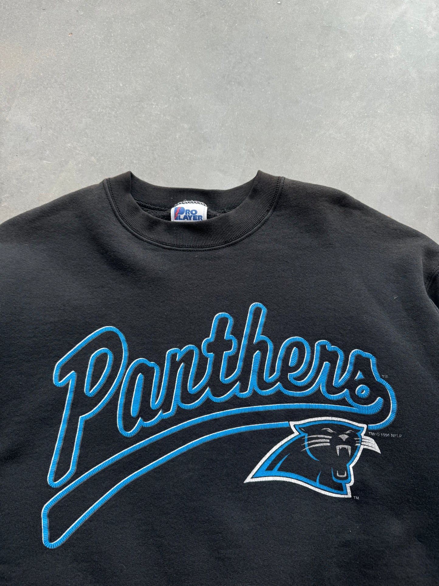 1996 Carolina Panthers Vintage Pro Player Script Spellout Heavyweight NFL Crewneck (Medium)