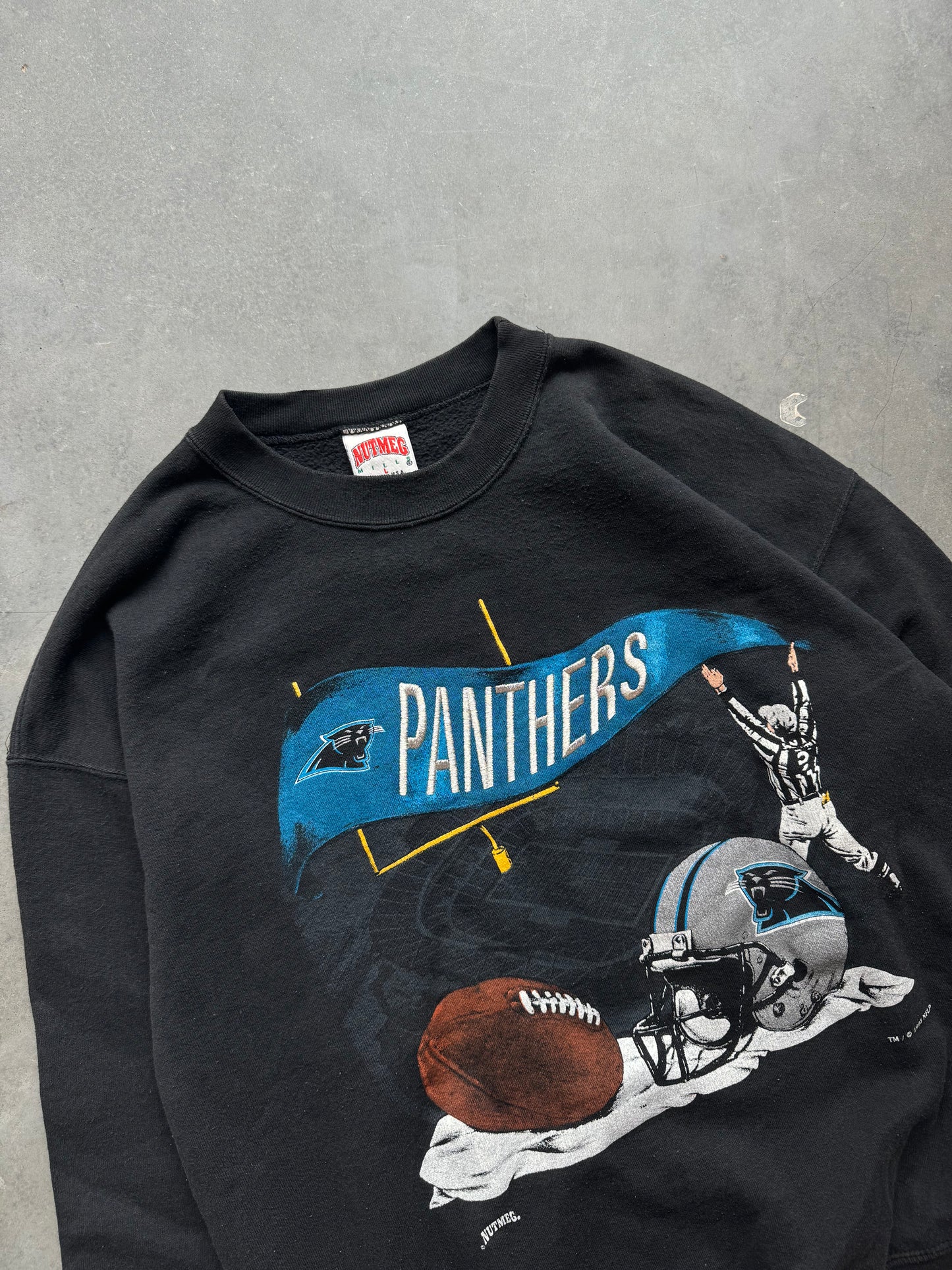 1993 Carolina Panthers Vintage Nutmeg Mills Silver Contrast Stitching Embroidered NFL Crewneck (Large)