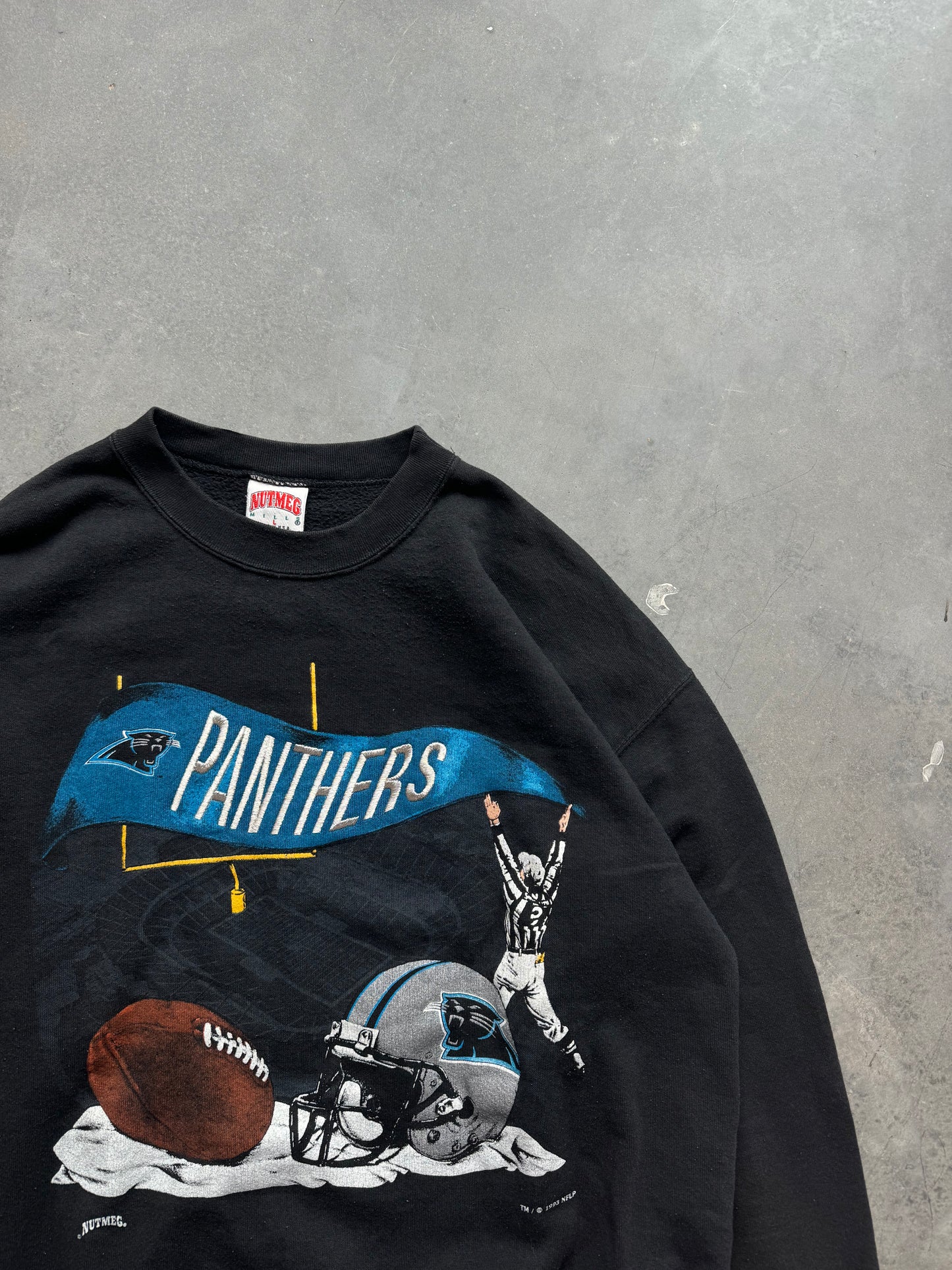 1993 Carolina Panthers Vintage Nutmeg Mills Silver Contrast Stitching Embroidered NFL Crewneck (Large)