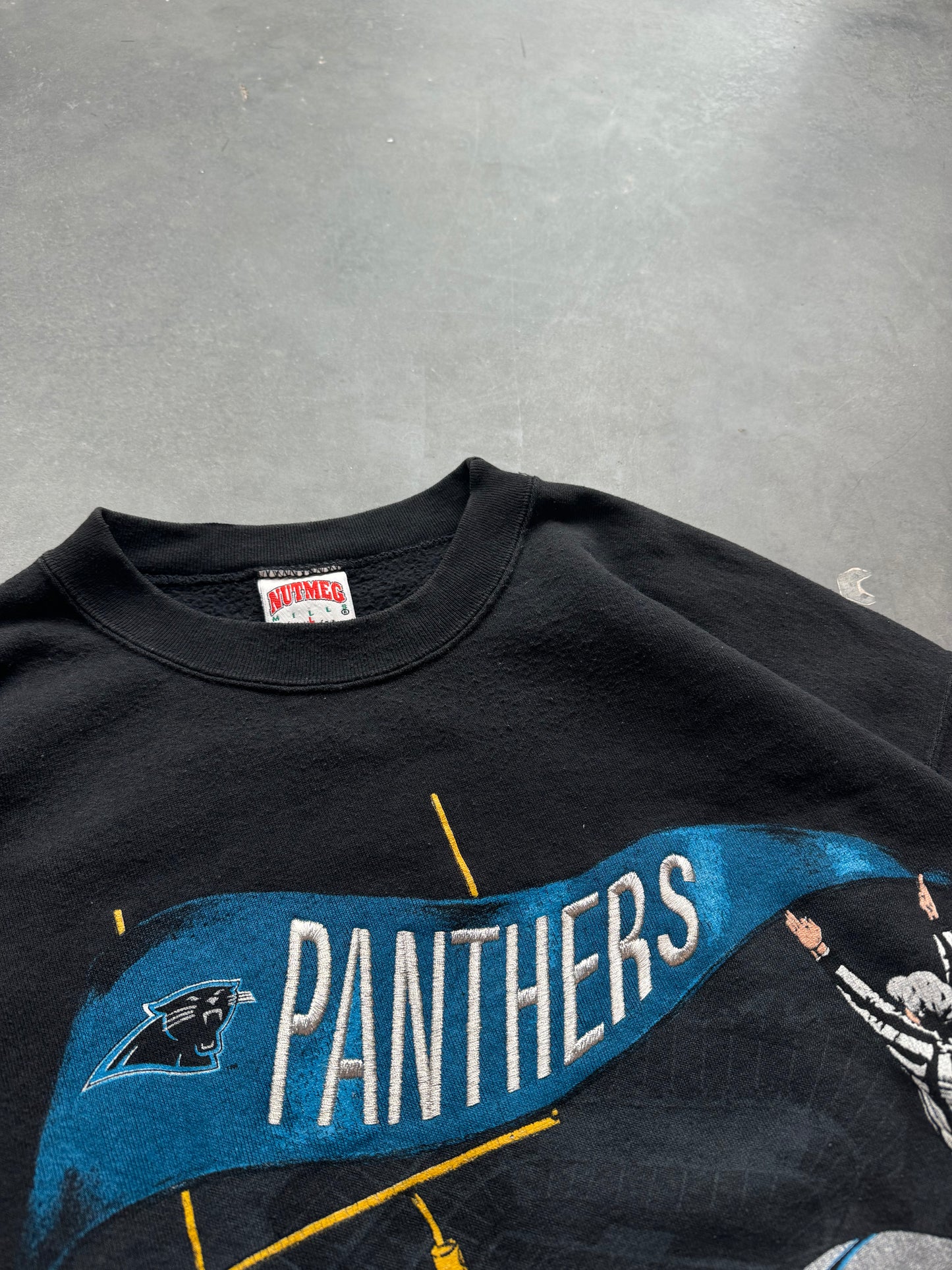 1993 Carolina Panthers Vintage Nutmeg Mills Silver Contrast Stitching Embroidered NFL Crewneck (Large)