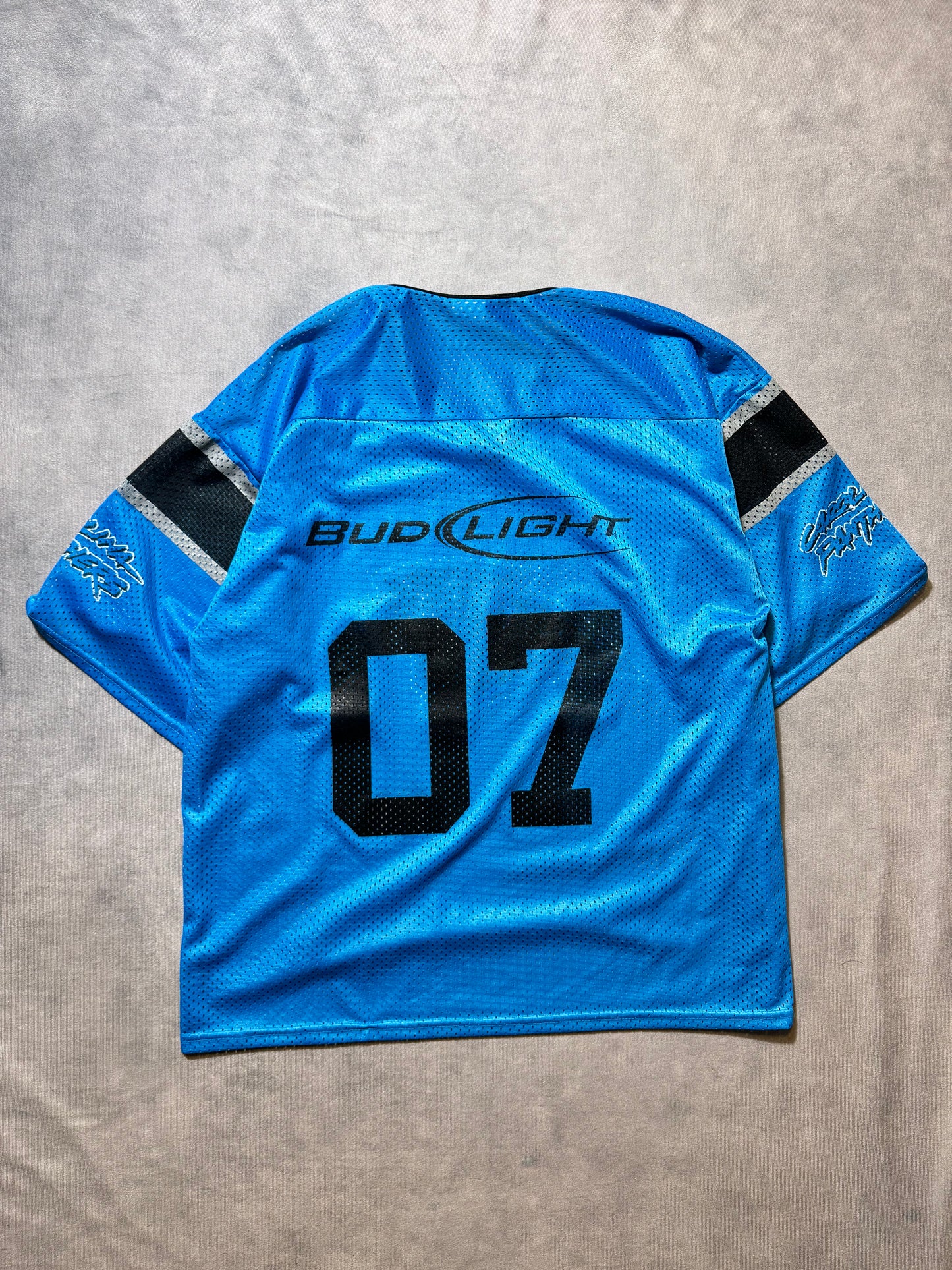 2007 Carolina Panthers x Bud Light Blue Mesh Cat Scratch Font Practice Style NFL Jersey (XL)