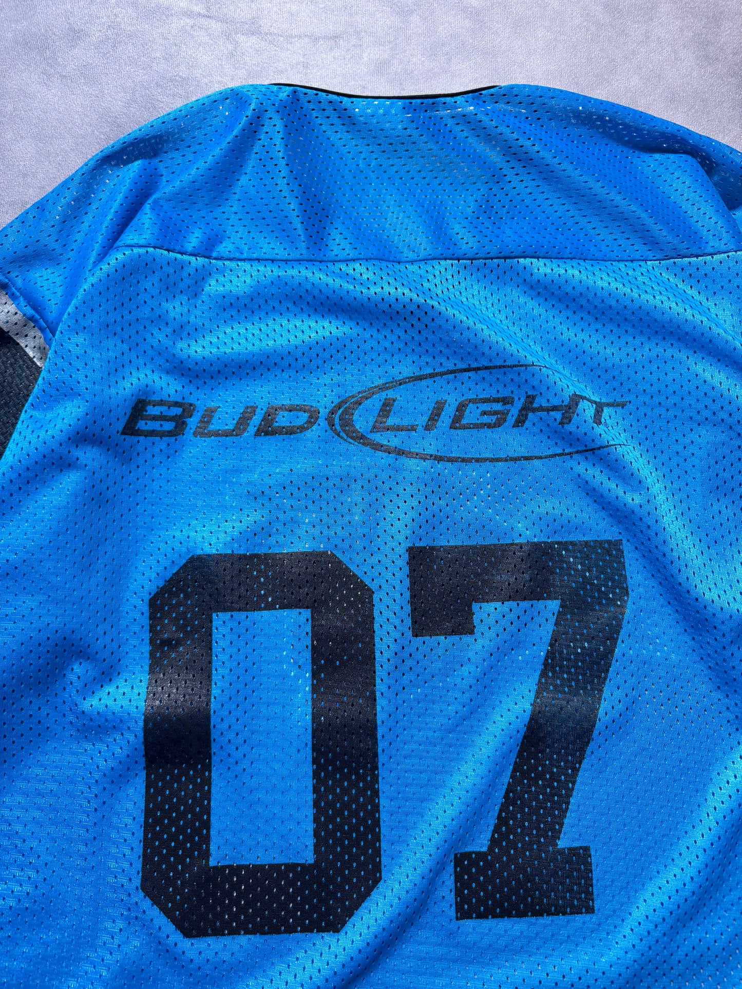 2007 Carolina Panthers x Bud Light Blue Mesh Cat Scratch Font Practice Style NFL Jersey (XL)