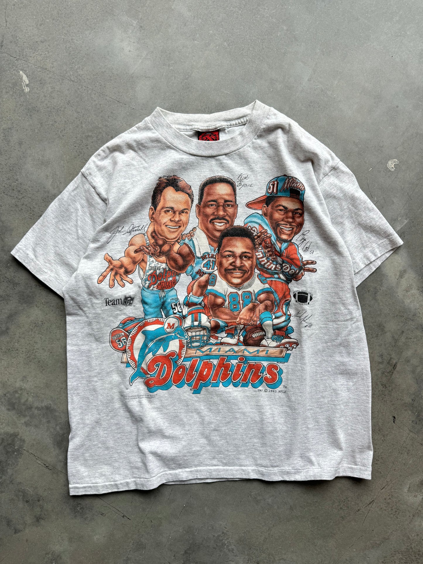 1993 Miami Dolphins Vintage Shirt Xplosion Front & Back NFL Caricature Tee (XL)