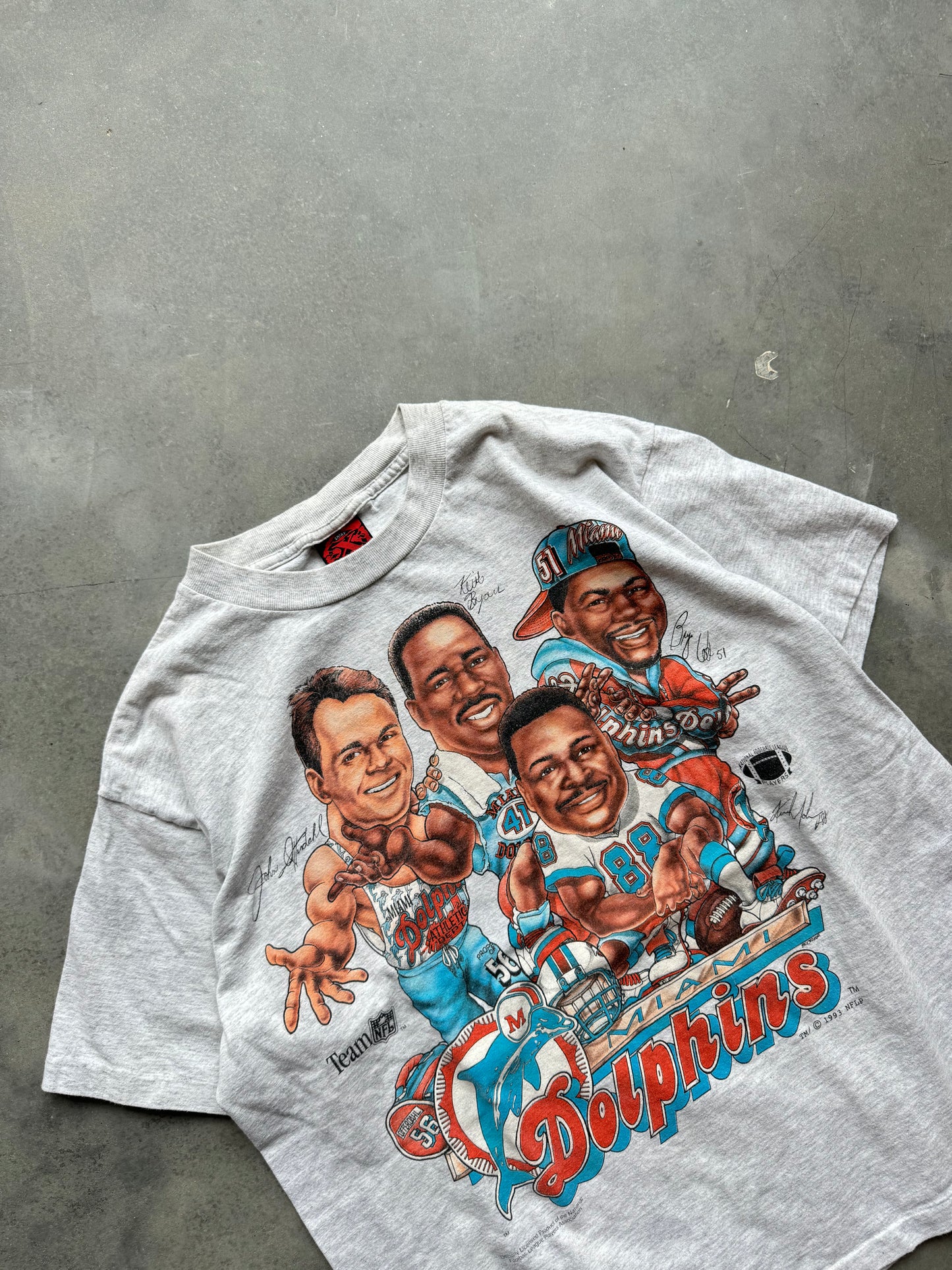 1993 Miami Dolphins Vintage Shirt Xplosion Front & Back NFL Caricature Tee (XL)