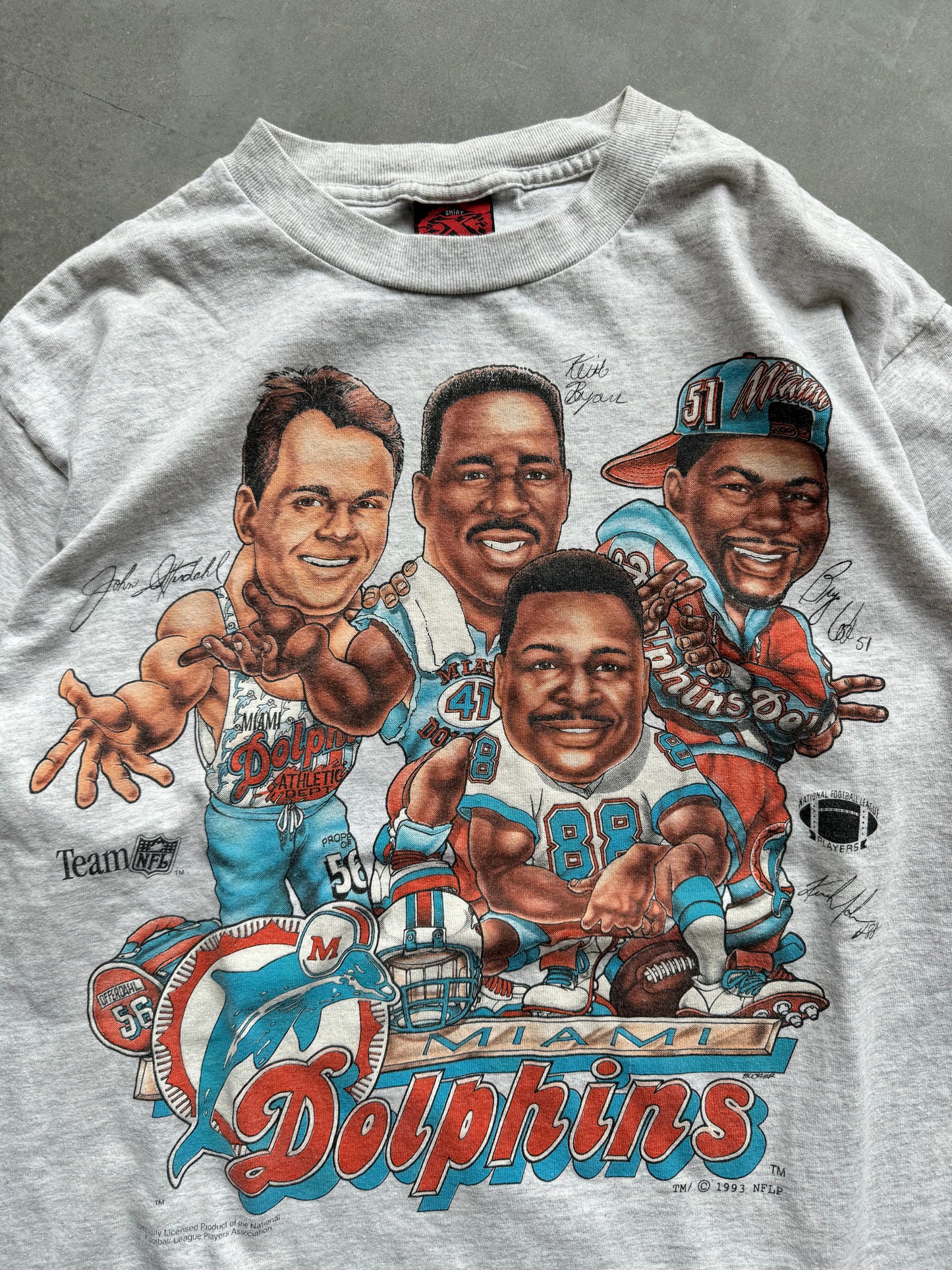 1993 Miami Dolphins Vintage Shirt Xplosion Front & Back NFL Caricature Tee (XL)