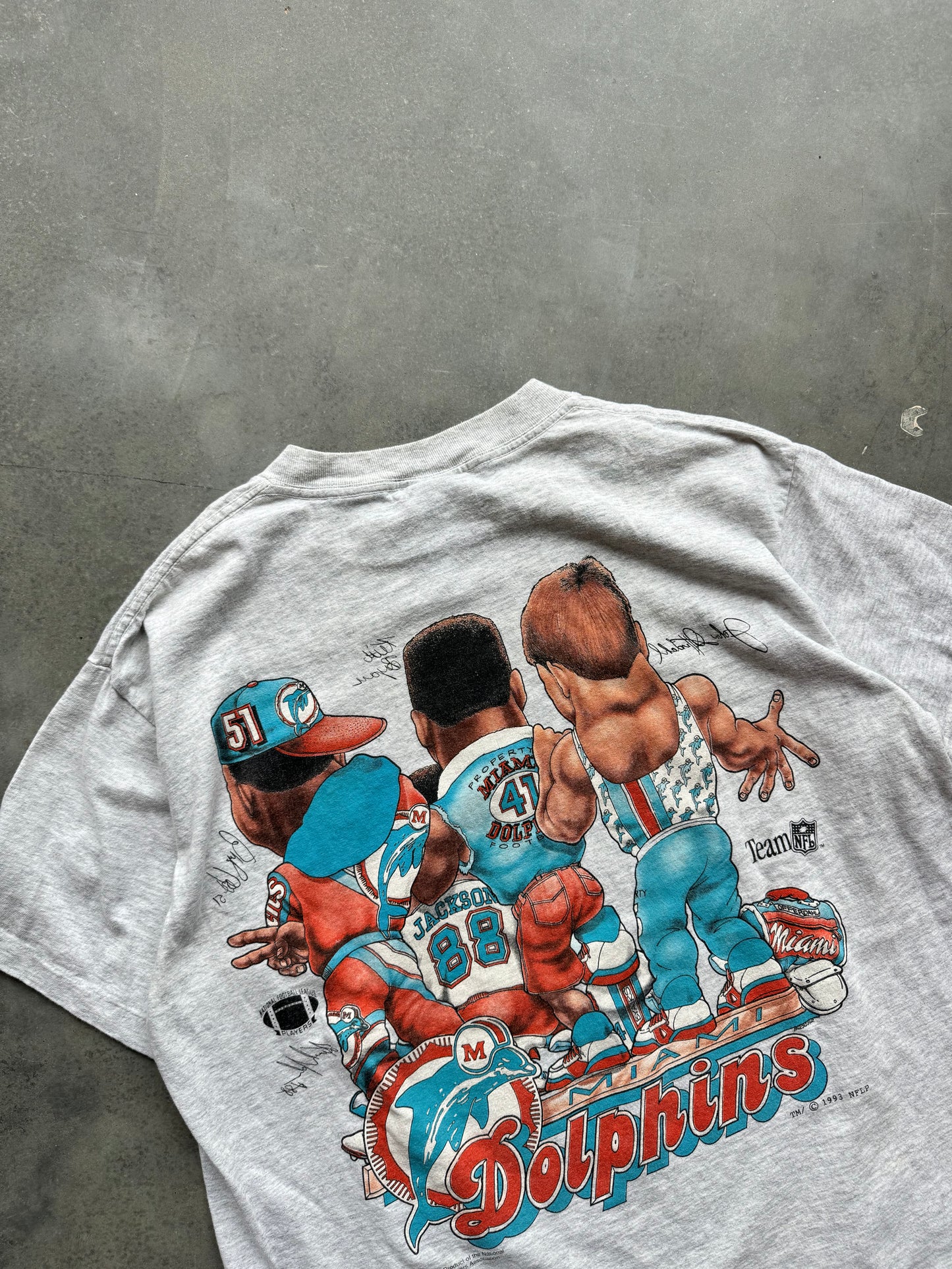 1993 Miami Dolphins Vintage Shirt Xplosion Front & Back NFL Caricature Tee (XL)