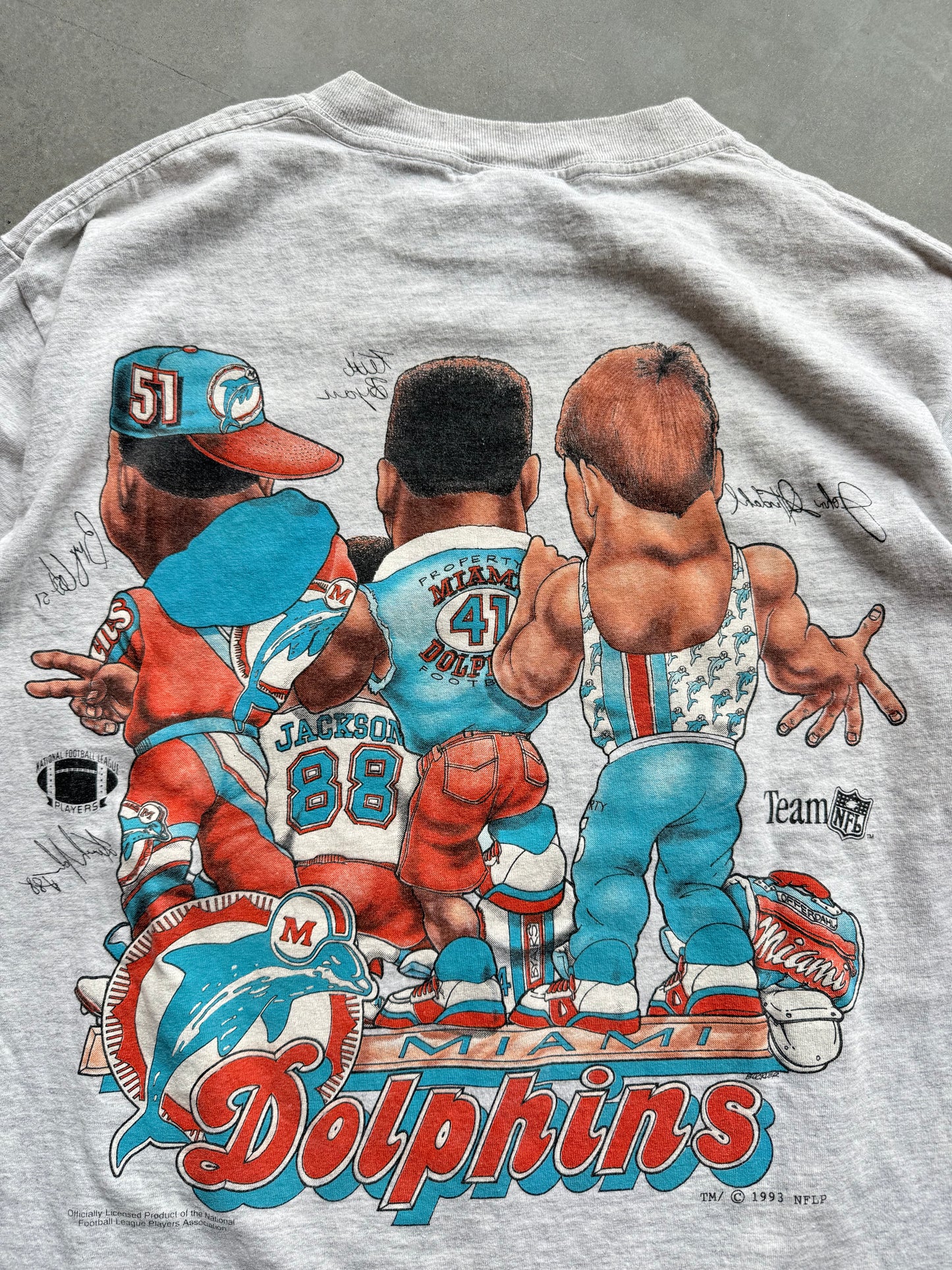 1993 Miami Dolphins Vintage Shirt Xplosion Front & Back NFL Caricature Tee (XL)