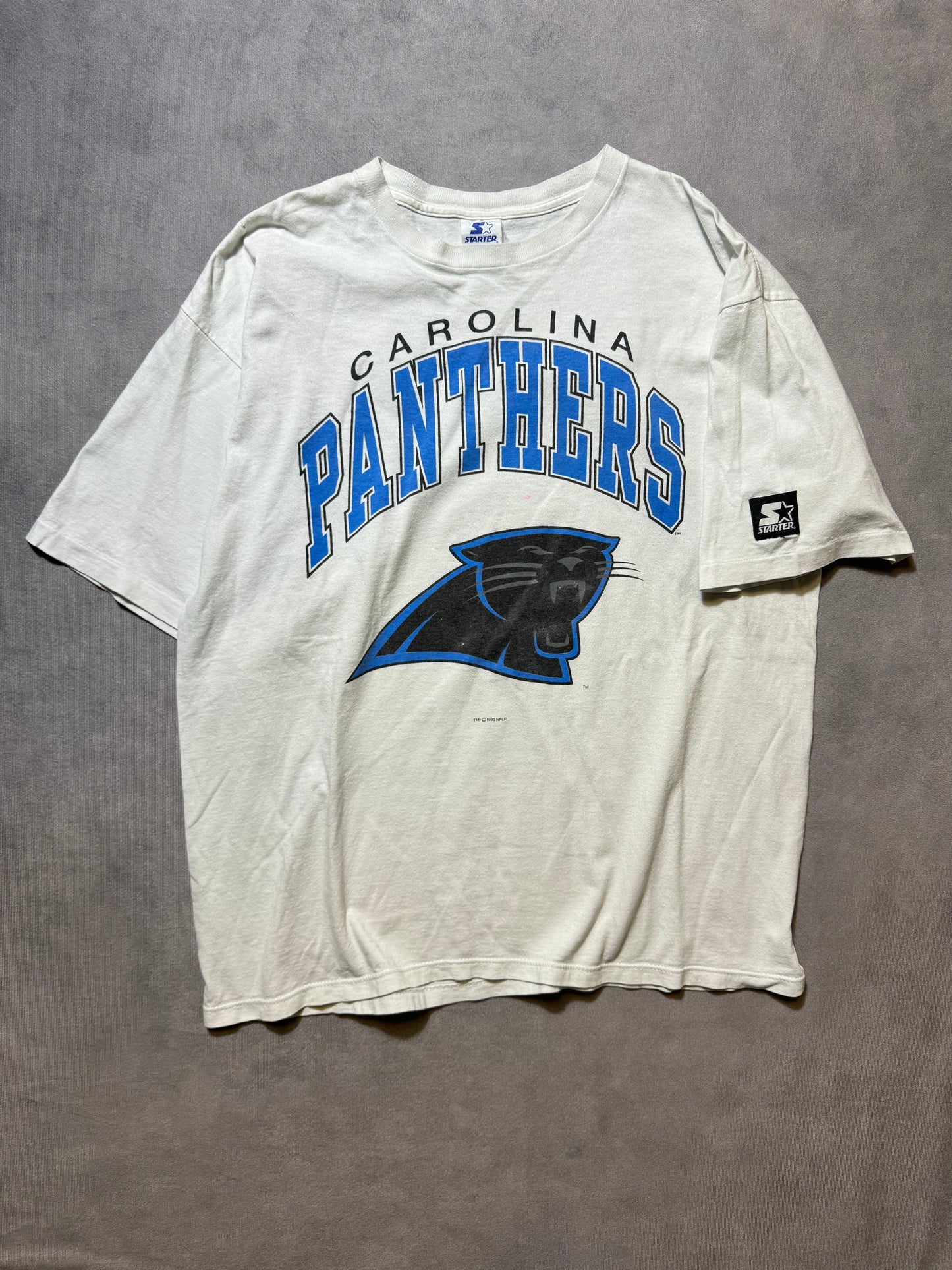 1993 Carolina Panthers Vintage White Starter Arch Block Letter Spellout NFL Tee (Large)
