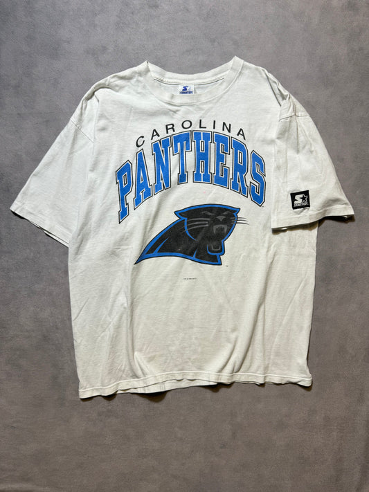 1993 Carolina Panthers Vintage White Starter Arch Block Letter Spellout NFL Tee (Large)