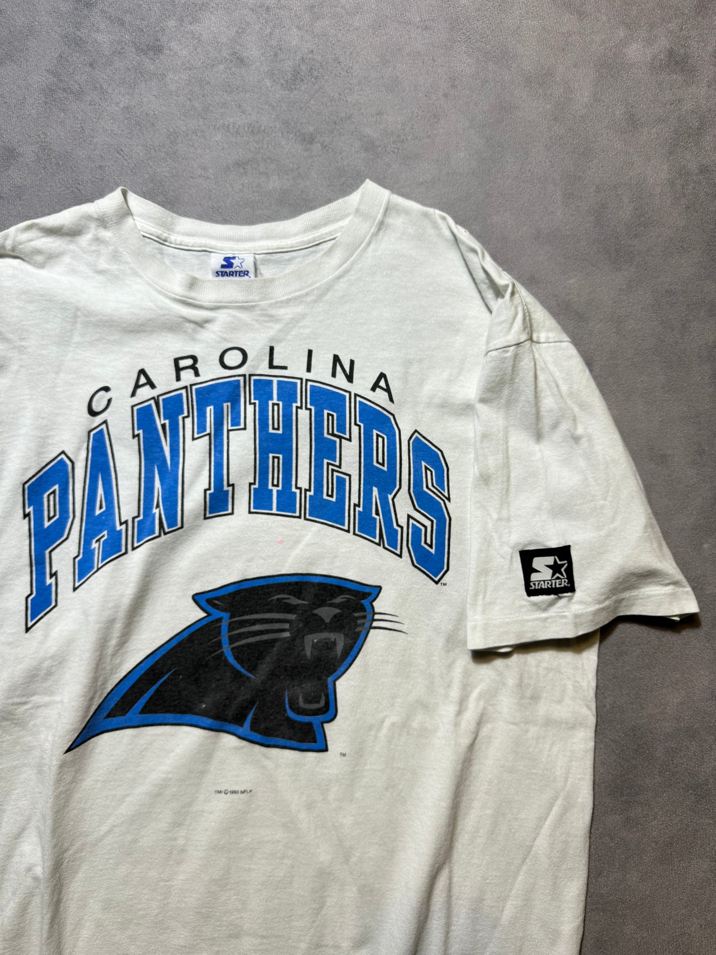 1993 Carolina Panthers Vintage White Starter Arch Block Letter Spellout NFL Tee (Large)