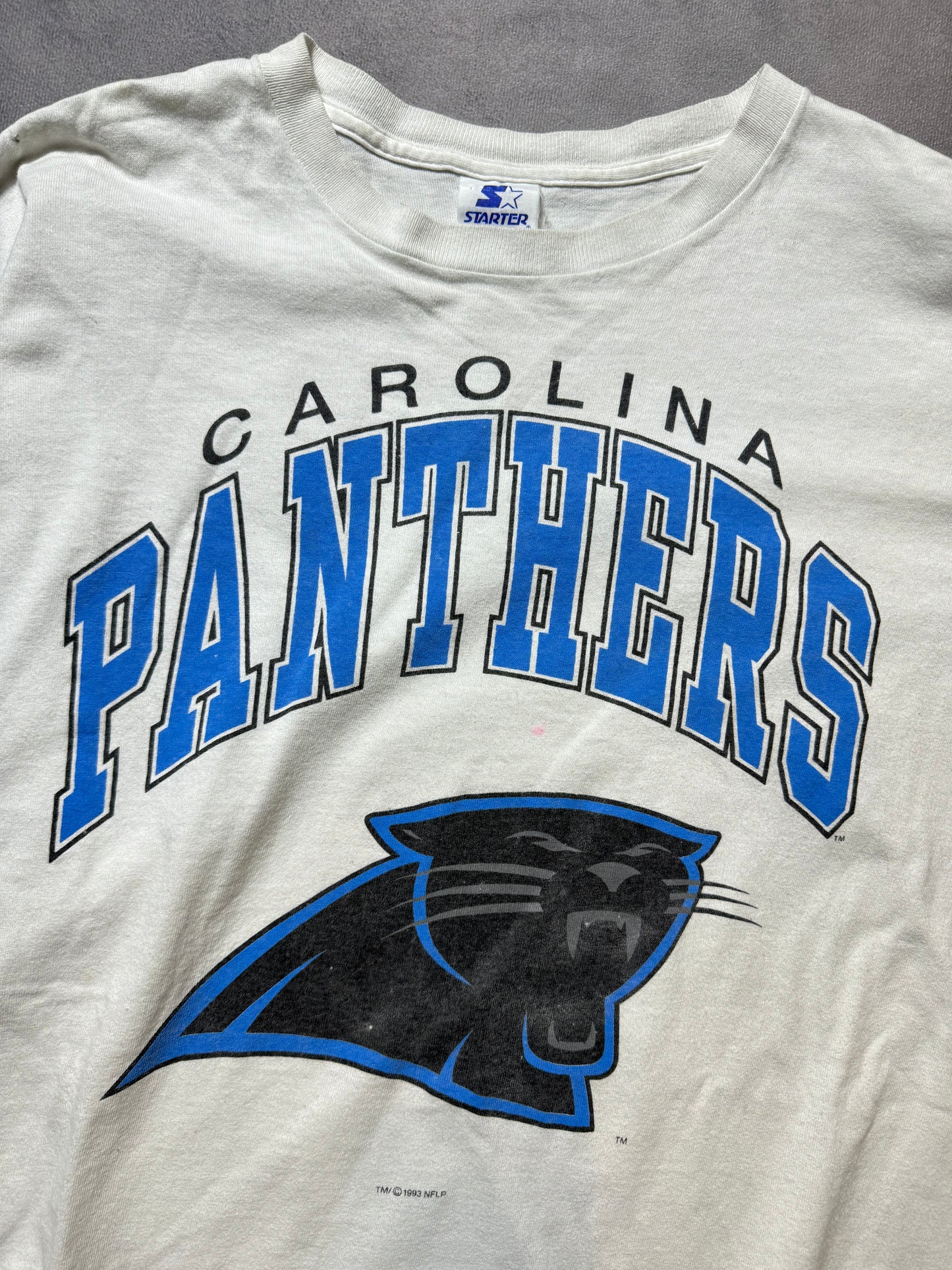 1993 Carolina Panthers Vintage White Starter Arch Block Letter Spellout NFL Tee (Large)