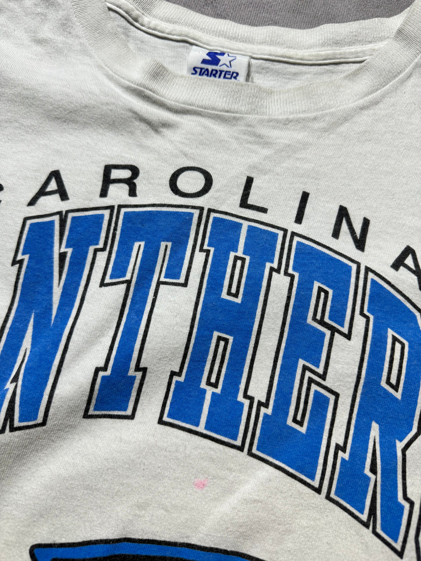 1993 Carolina Panthers Vintage White Starter Arch Block Letter Spellout NFL Tee (Large)