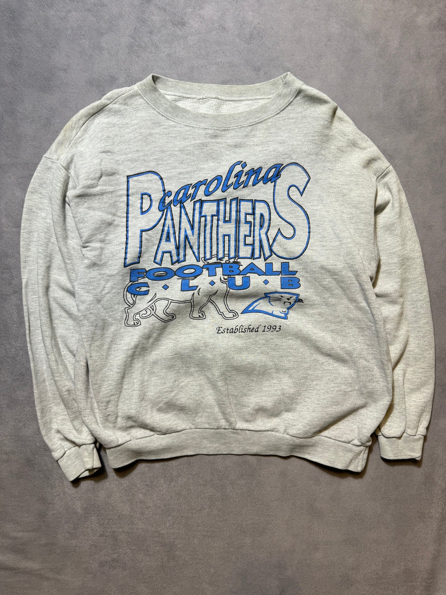1993 Carolina Panthers Football Club Vintage Heather Grey Franchise Announcement Full Alternate Cat Logo NFL Crewneck (Medium)