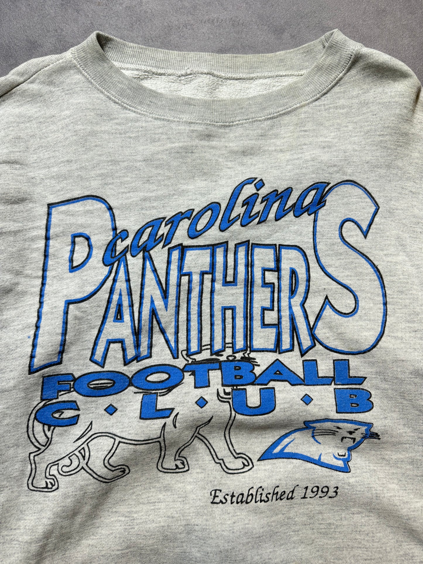 1993 Carolina Panthers Football Club Vintage Heather Grey Franchise Announcement Full Alternate Cat Logo NFL Crewneck (Medium)
