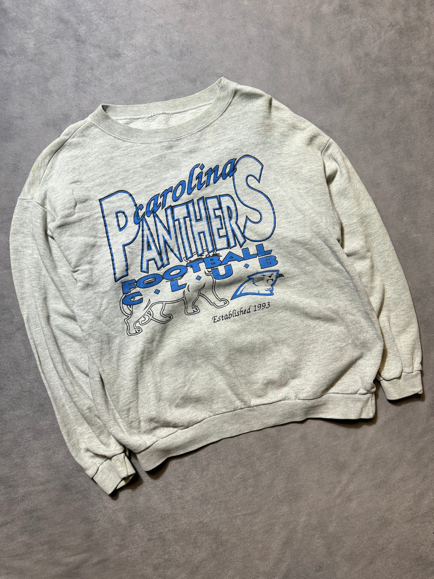 1993 Carolina Panthers Football Club Vintage Heather Grey Franchise Announcement Full Alternate Cat Logo NFL Crewneck (Medium)