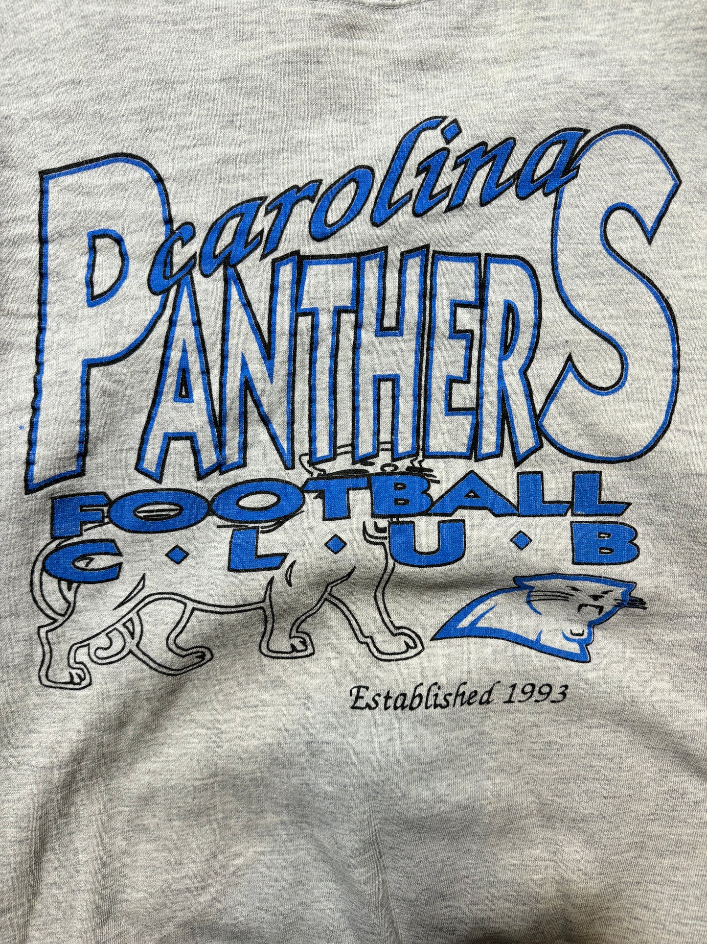 1993 Carolina Panthers Football Club Vintage Heather Grey Franchise Announcement Full Alternate Cat Logo NFL Crewneck (Medium)