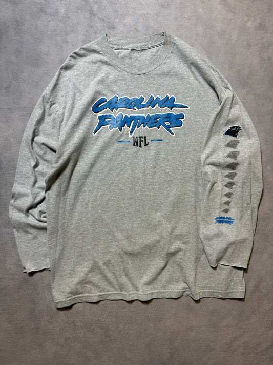 00’s Carolina Panthers Vintage Grey Cat Scratch Font Repeat Logo NFL Longsleeve Tee (XL)