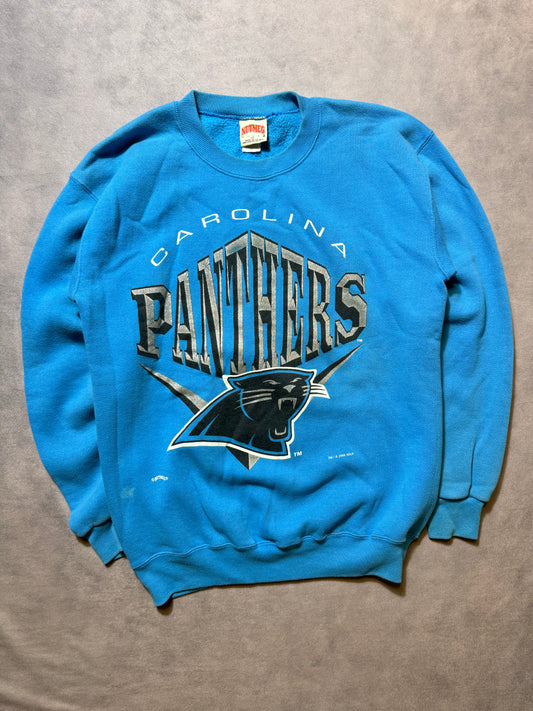 1994 Carolina Panthers Vintage Nutmeg Mills Blue Big Chevron NFL Spellout Crewneck (Medium)