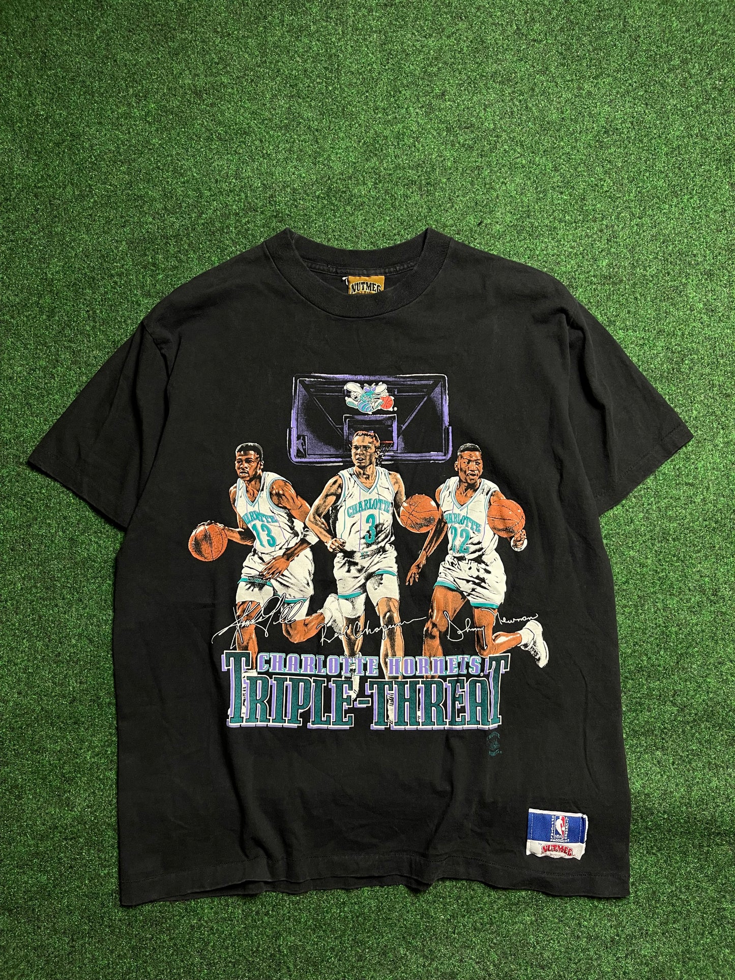 1990 Charlotte Hornets Vintage Nutmeg Mills Roster Tee feat. Kendall Gill, Rex Chapman, Johnny Newman (Medium)