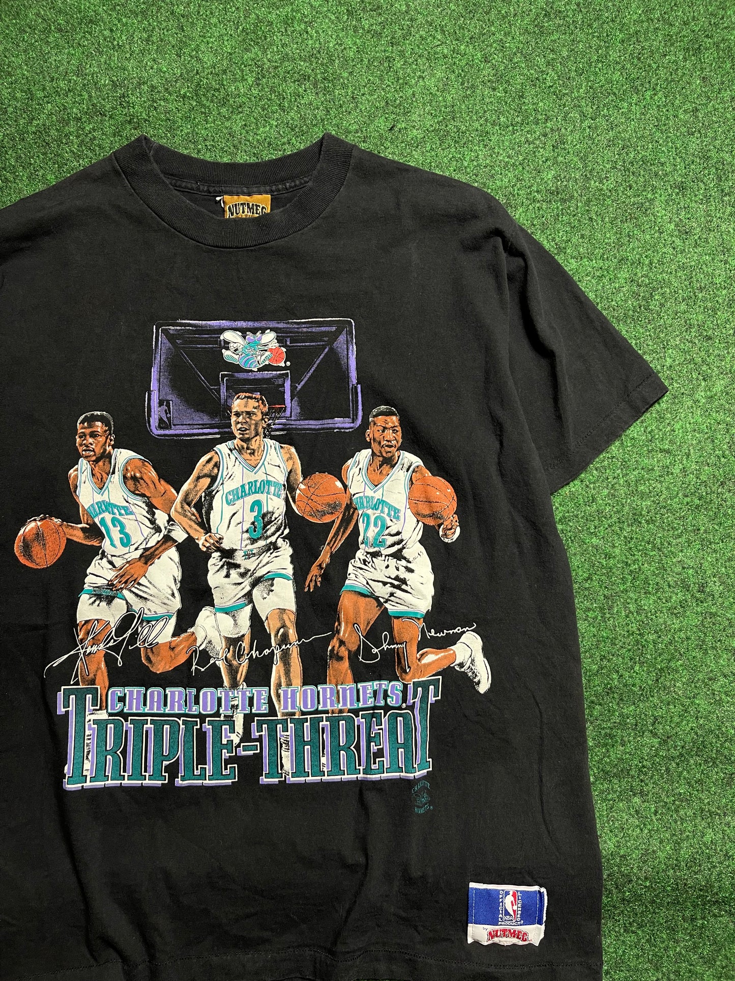 1990 Charlotte Hornets Vintage Nutmeg Mills Roster Tee feat. Kendall Gill, Rex Chapman, Johnny Newman (Medium)