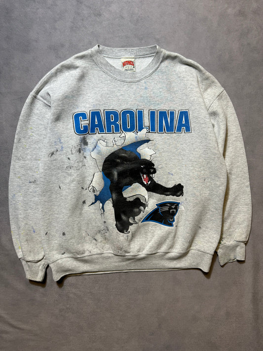 1993 Carolina Panthers Vintage Nutmeg Mills Heather Grey Paint Distressed NFL Crewneck (Large)