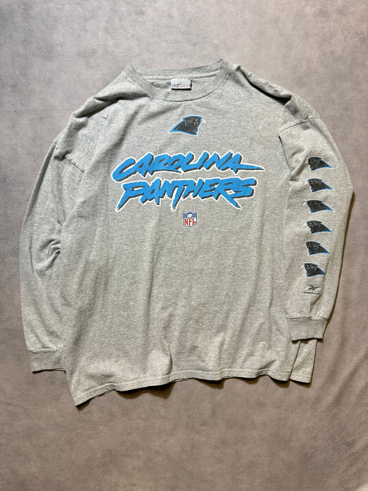 00’s Carolina Panthers Vintage Grey Reebok Cat Scratch Font Repeat Logo NFL Longsleeve Tee (XXL)
