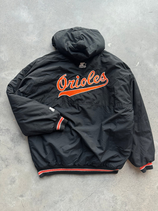 90’s Baltimore Orioles Vintage Black MLB Script Tailsweep Starter Puffer Jacket (XL)