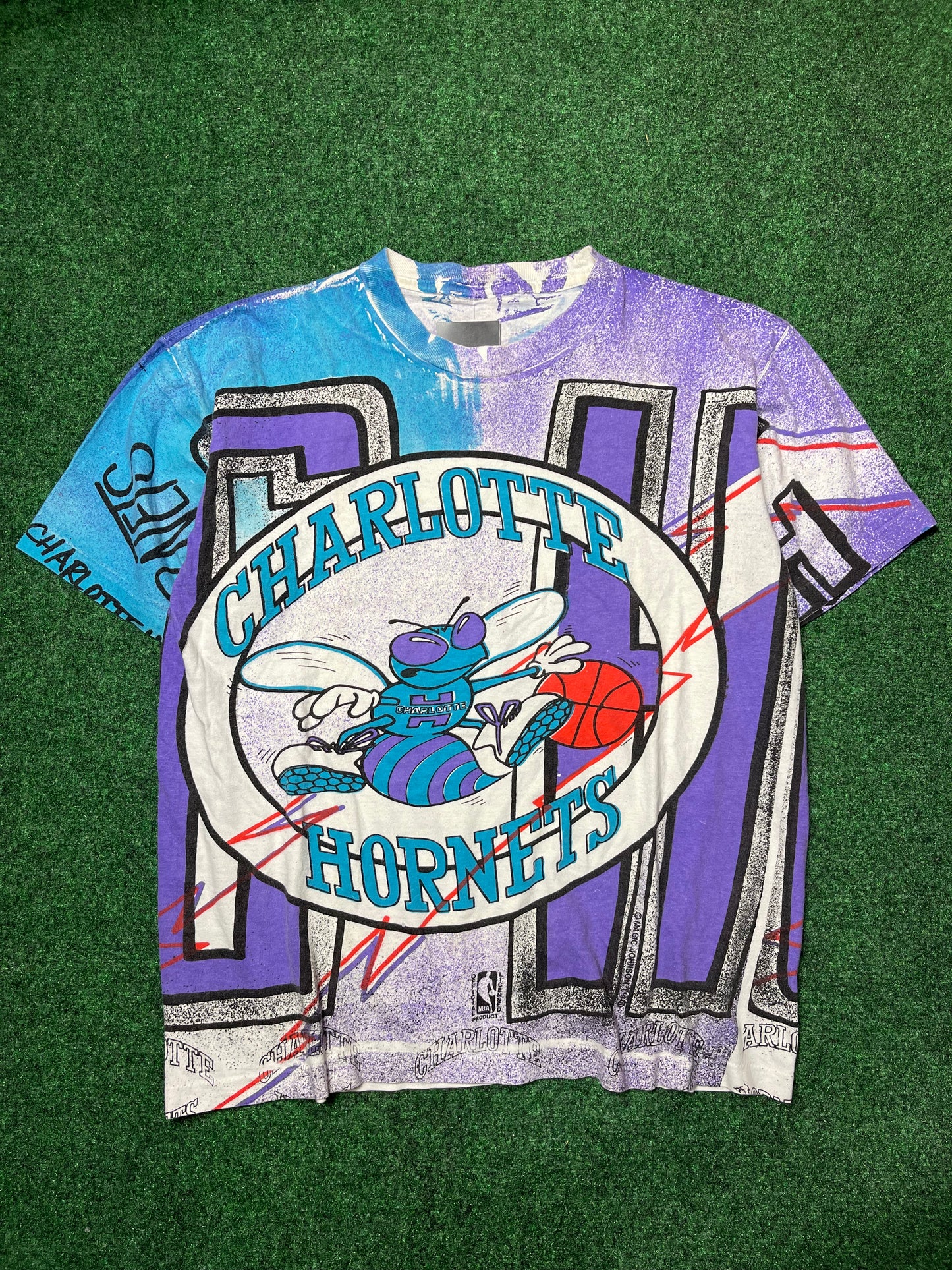 90’s Charlotte Hornets Vintage All Over Print Tee by Magic Johnson Tees (Medium)
