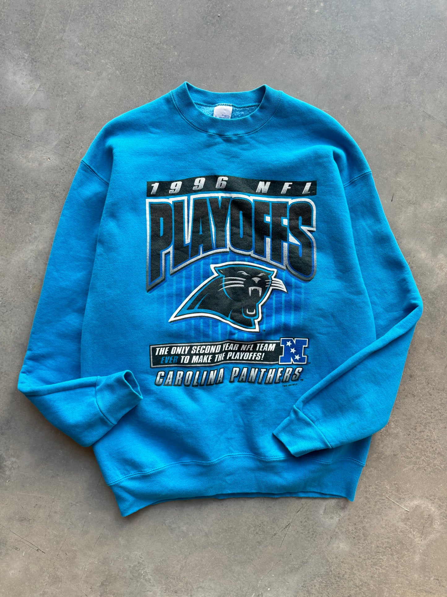 1996 Carolina Panthers Vintage NFC Playoffs Salem Sportswear Electric Blue Heavyweight NFL Crewneck (XL)