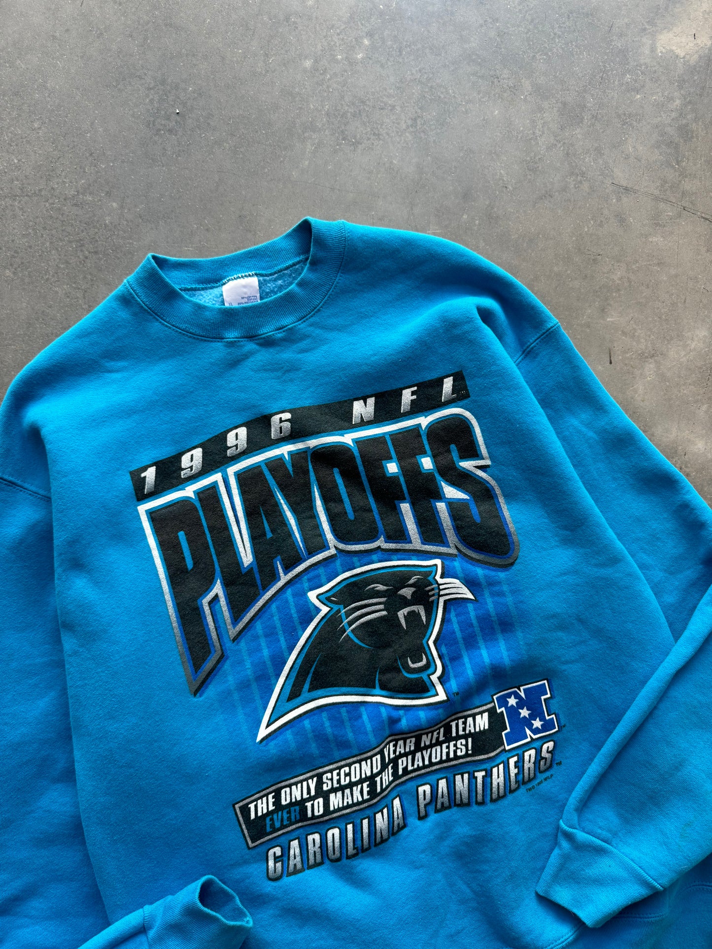 1996 Carolina Panthers Vintage NFC Playoffs Salem Sportswear Electric Blue Heavyweight NFL Crewneck (XL)