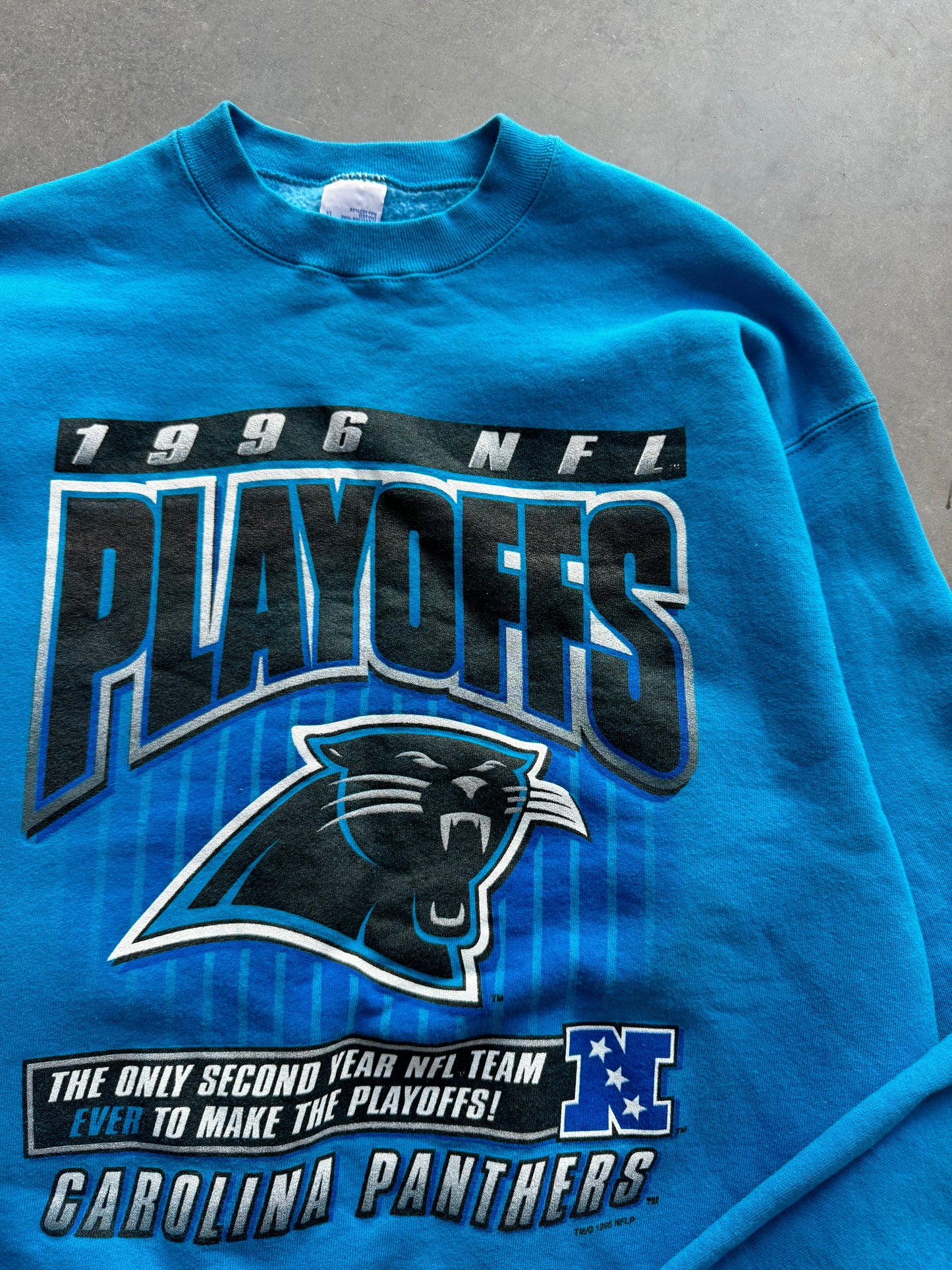 1996 Carolina Panthers Vintage NFC Playoffs Salem Sportswear Electric Blue Heavyweight NFL Crewneck (XL)