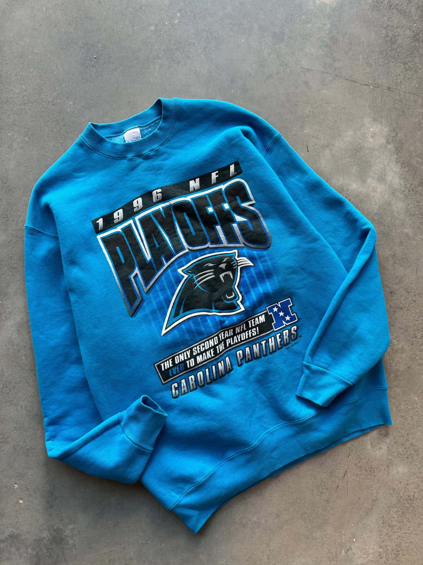 1996 Carolina Panthers Vintage NFC Playoffs Salem Sportswear Electric Blue Heavyweight NFL Crewneck (XL)