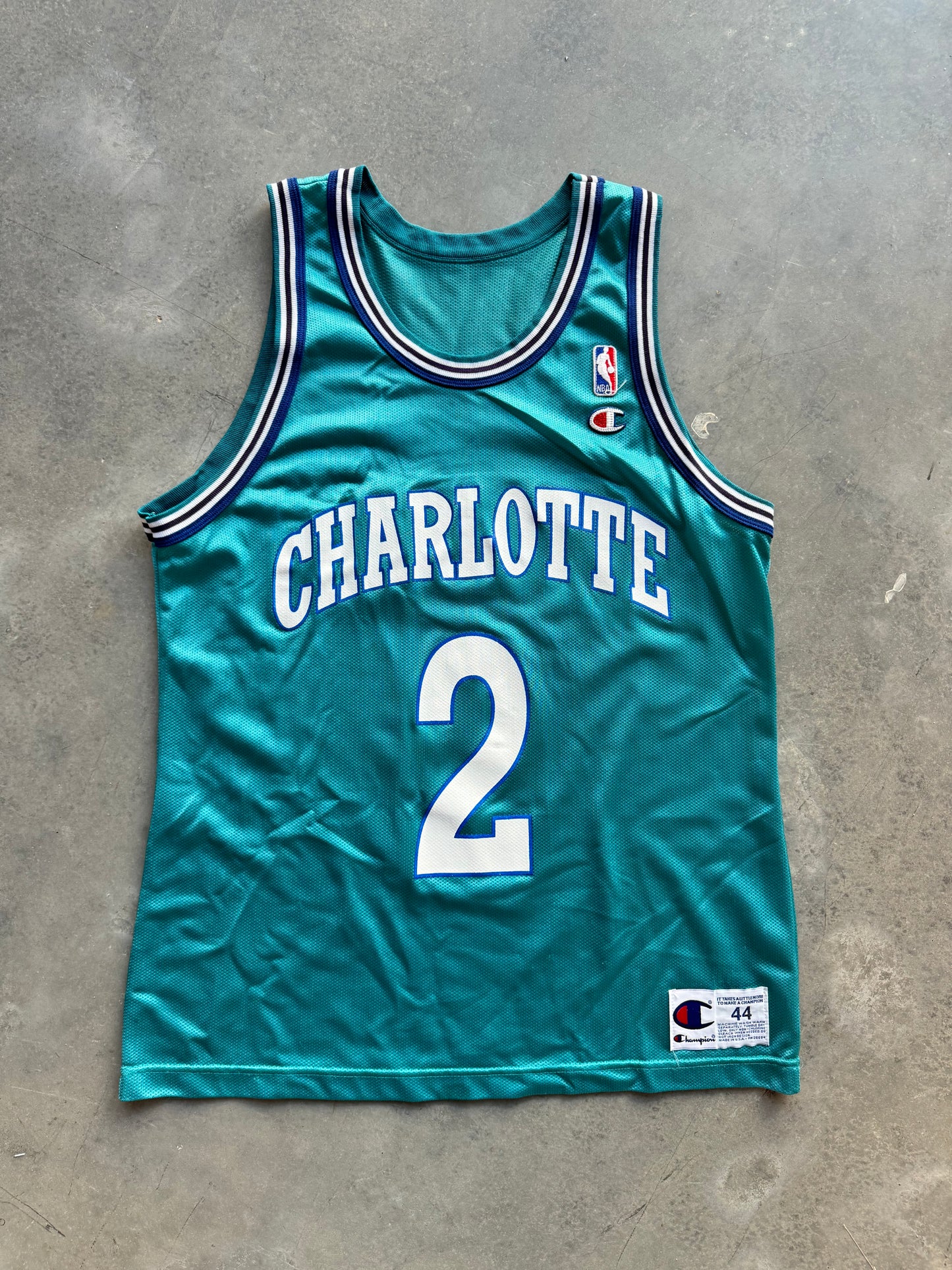 90’s Charlotte Hornets Larry Johnson Vintage Teal Champion NBA Jersey (44/Large)