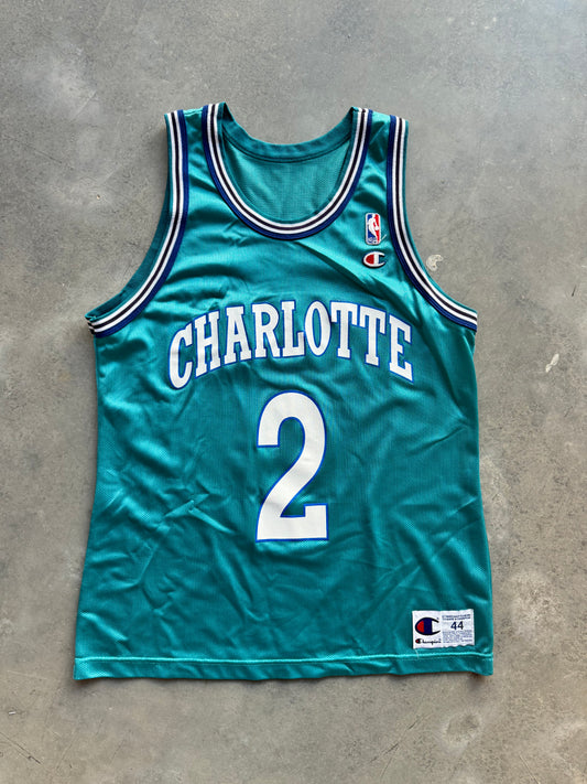 90’s Charlotte Hornets Larry Johnson Vintage Teal Champion NBA Jersey (44/Large)