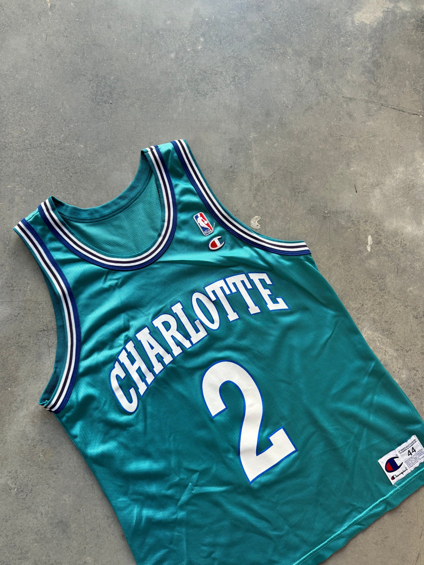 90’s Charlotte Hornets Larry Johnson Vintage Teal Champion NBA Jersey (44/Large)