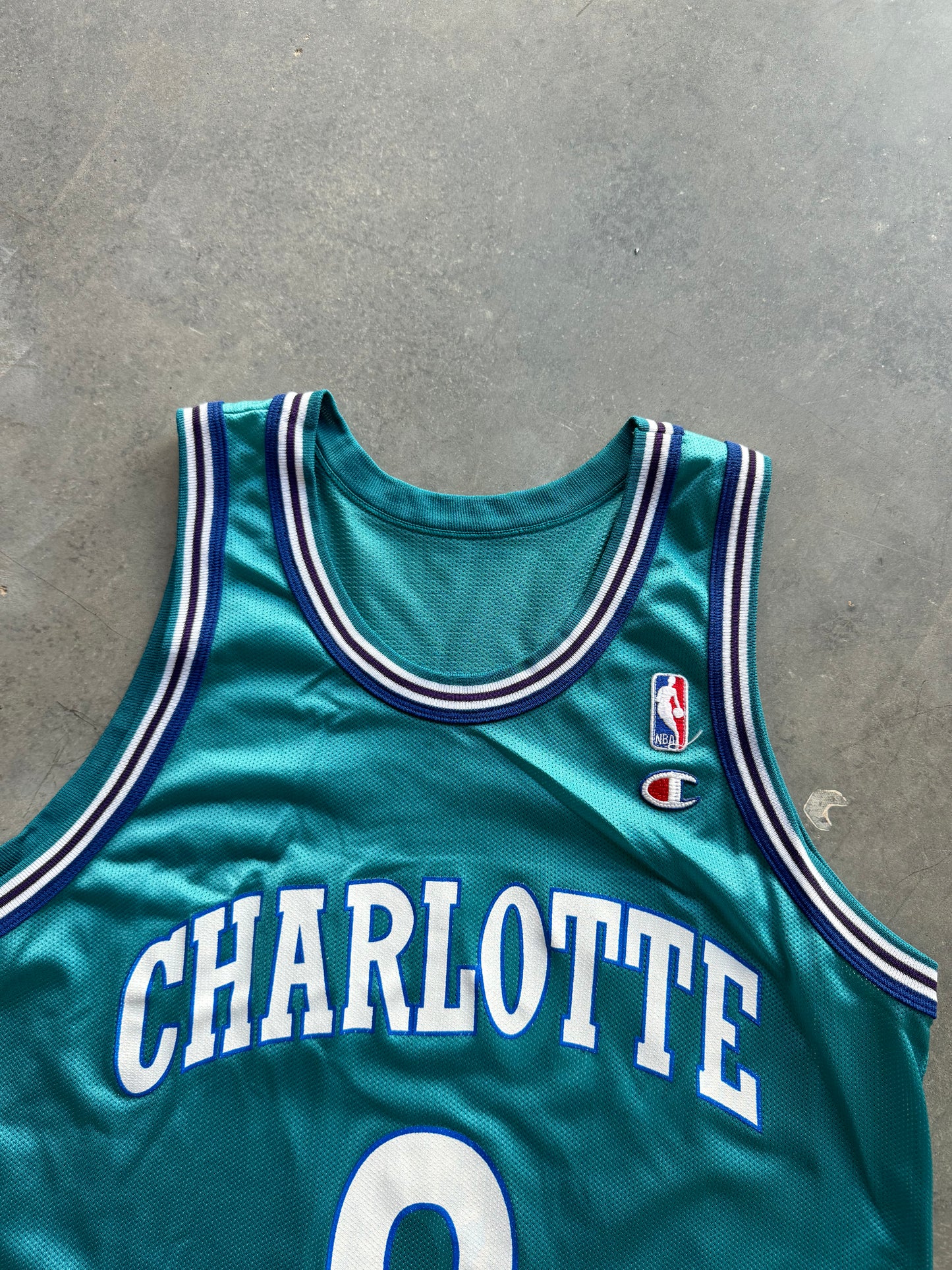 90’s Charlotte Hornets Larry Johnson Vintage Teal Champion NBA Jersey (44/Large)