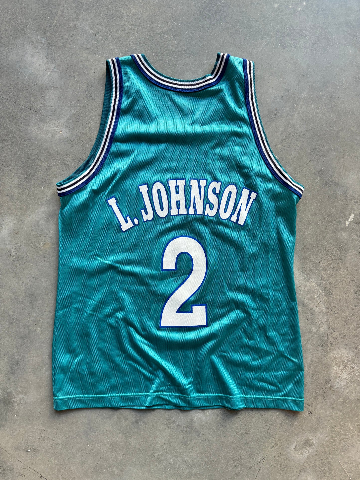 90’s Charlotte Hornets Larry Johnson Vintage Teal Champion NBA Jersey (44/Large)